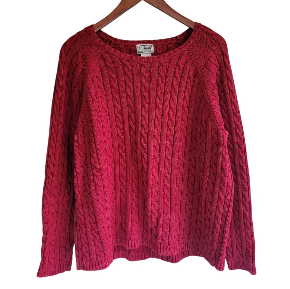 LLBean Cable Knit Fisherman Sweater Red Womens XL Regular